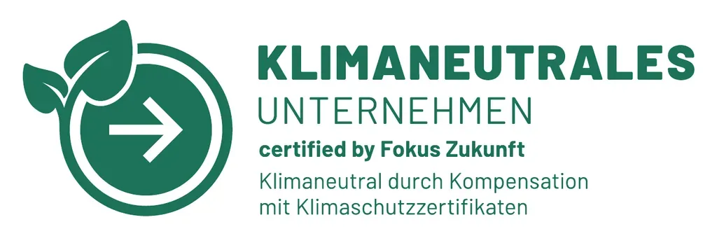 Climate-neutral company – certified by Fokus Zukunft. Climate neutral through offsetting with climate protection certificates.