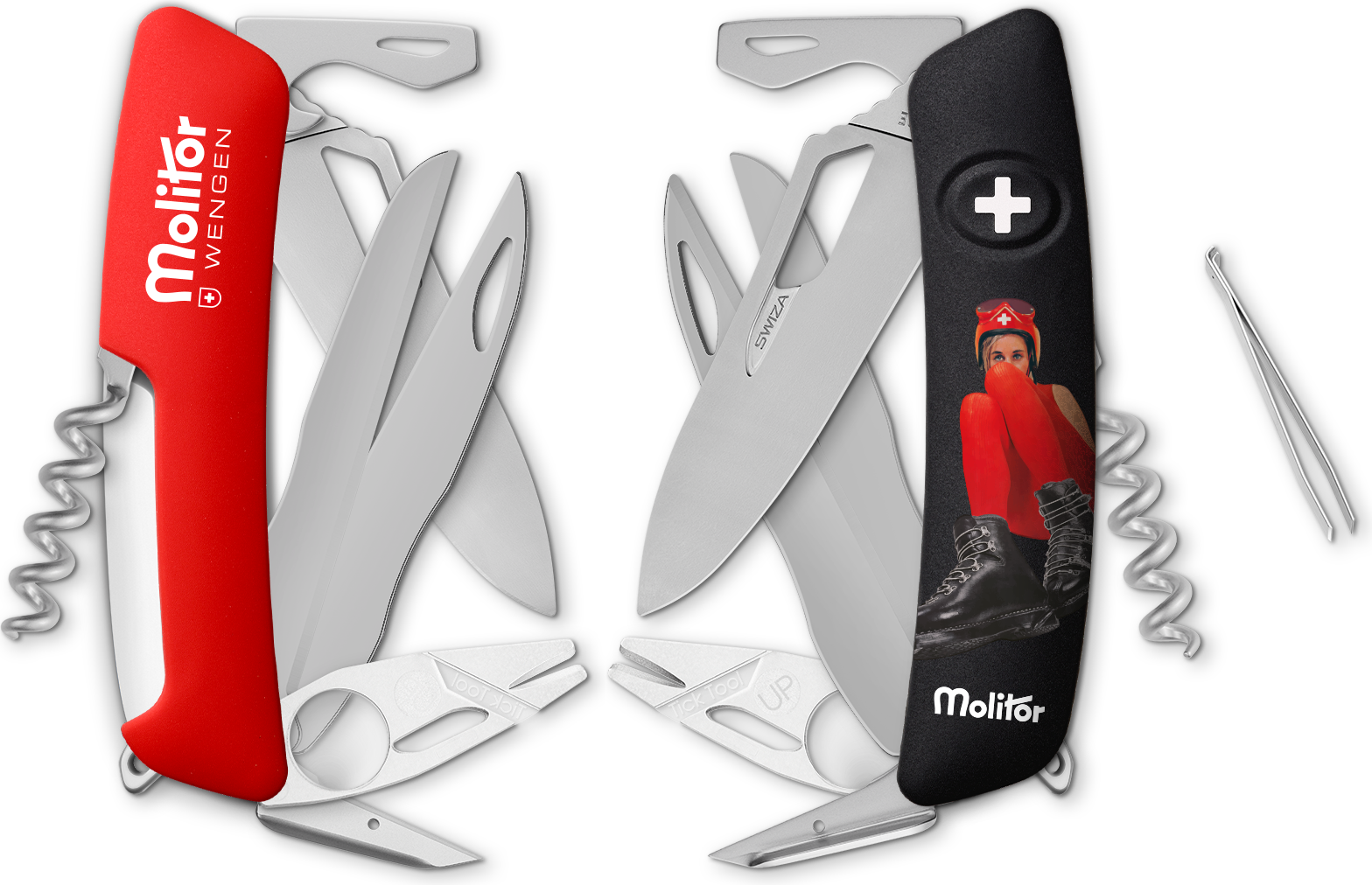 Two Moli knives by Swiza: red with "Molitor Wengen" and black with the Moligirl